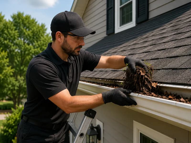 Gutter cleaning and downspout flush in progress