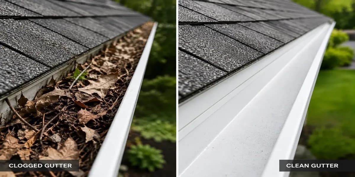 Side-by-side comparison of clogged and properly draining gutters