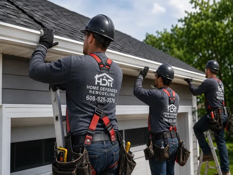 Seamless gutter installation in progress on a Madison home