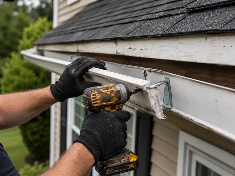 Detached gutter being repaired and re-secured to fascia