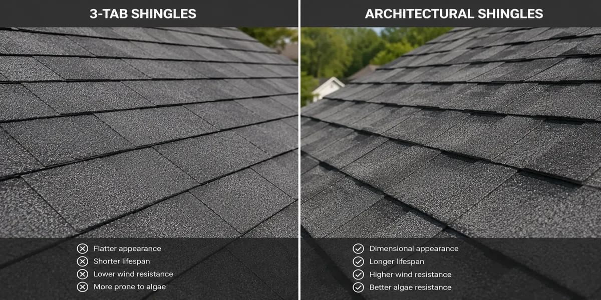 Side-by-side comparison of 3-tab and architectural asphalt shingles