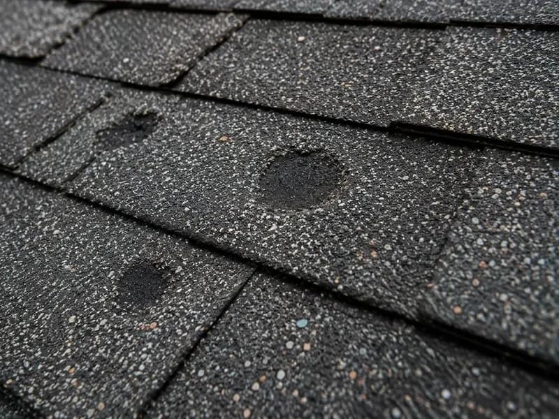 Close-up of hail damage on asphalt shingles