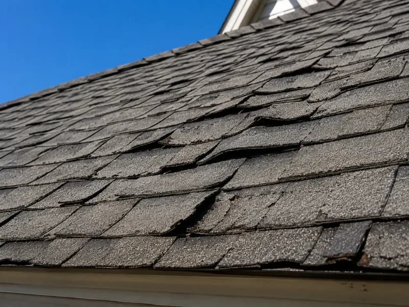 Close-up of wind-damaged asphalt shingles needing repair