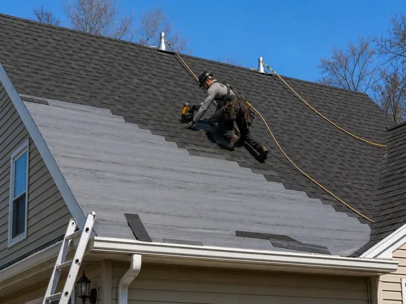 Architectural asphalt shingles being installed on a new roof
