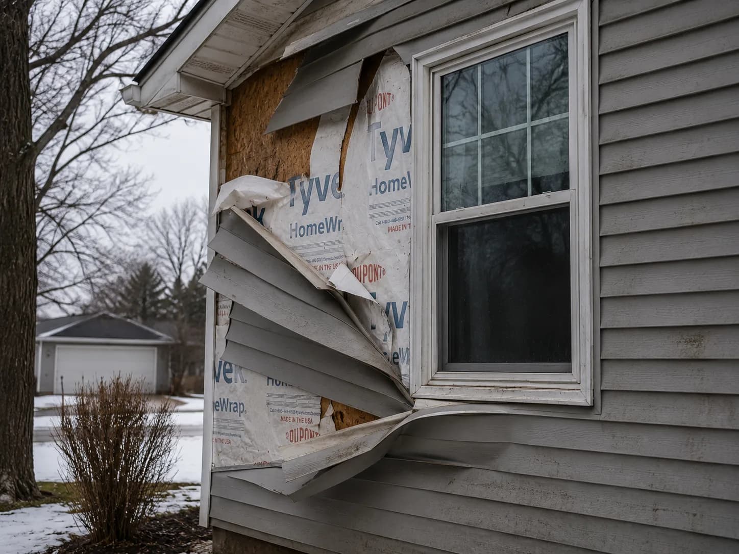 Wind-damaged siding on a Madison-area home